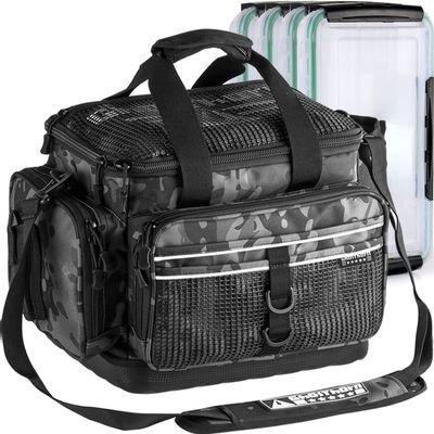DODO DEER Fishing Tackle Bag Large Tackle Box Fishing Bag Water Resistant Fishing Gear Storage Bag with Rod Holder for Freshwater & Saltwater (Small Multicam Black with 4 Trays,Standard)