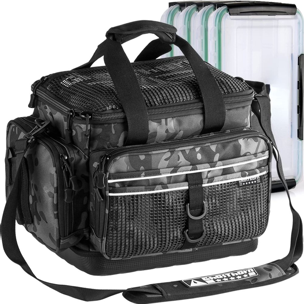 DODO DEER Fishing Tackle Bag Large Tackle Box Fishing Bag Water Resistant Fishing Gear Storage Bag with Rod Holder for Freshwater & Saltwater (Small Multicam Black with 4 Trays,Standard)