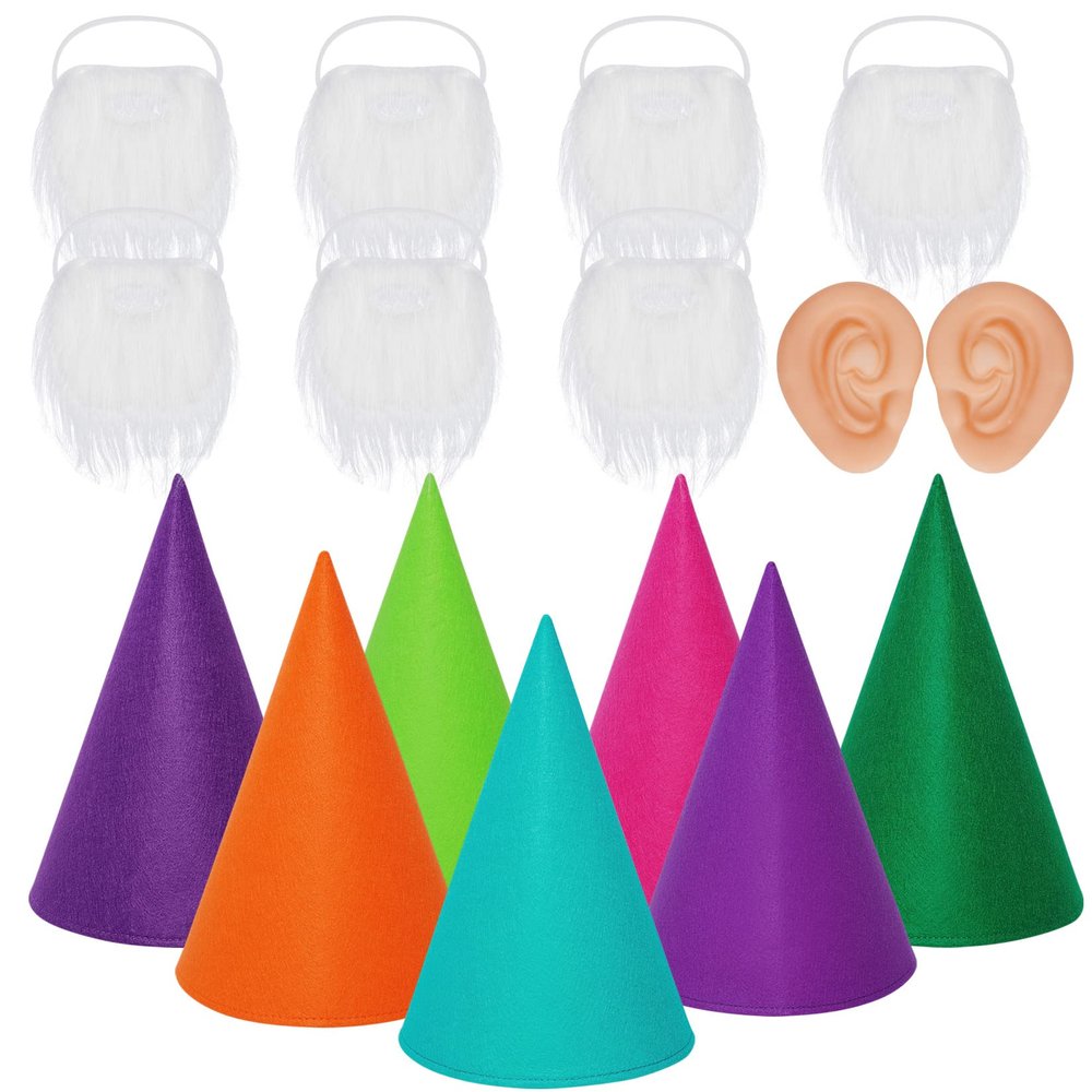 Fengek 16 Packs Gnome Costume Sets, 7 Pcs Felt Cone Dwarf Hats, 7 Pcs White Fake Beard and 2 Pcs Fake Ears for Halloween Christmas Cosplay