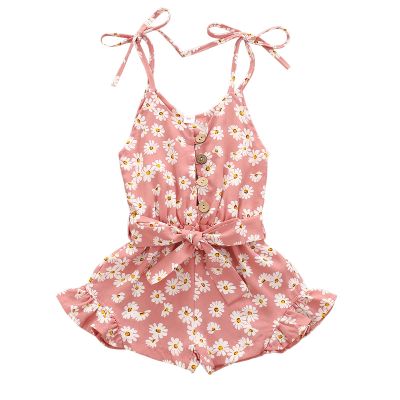 AnFeng Girls Summer Romper Floral Playsuit Strap Romper Summer Outfits Clothes Elastic Waisted Shorts (Pink, 3-4 Years)