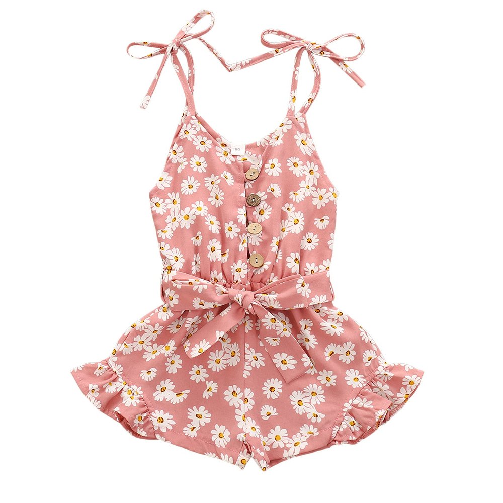 AnFeng Girls Summer Romper Floral Playsuit Strap Romper Summer Outfits Clothes Elastic Waisted Shorts (Pink, 3-4 Years)