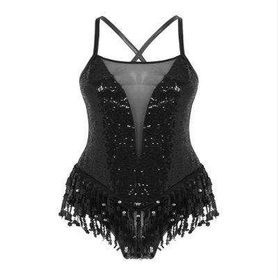 iiniim Women's Shiny Sequins Tassel Latin Jazz Dance Leotard Bodysuit Crisscross Back Lyrical Dance Costume 2_Black Medium