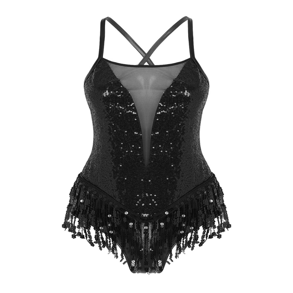 iiniim Women's Shiny Sequins Tassel Latin Jazz Dance Leotard Bodysuit Crisscross Back Lyrical Dance Costume 2_Black Medium