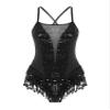 iiniim Women's Shiny Sequins Tassel Latin Jazz Dance Leotard Bodysuit Crisscross Back Lyrical Dance Costume 2_Black Medium view 1