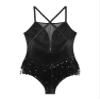 iiniim Women's Shiny Sequins Tassel Latin Jazz Dance Leotard Bodysuit Crisscross Back Lyrical Dance Costume 2_Black Medium view 4