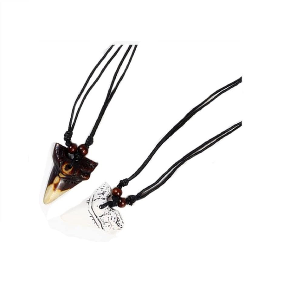 2pcs Artificial Bone Carving Shark Tooth Pendant Necklace Set Leather Shark Teeth Fossil Adjustable Cord for Men Summer Beach Surfer Cool Prehistoric Jewelry