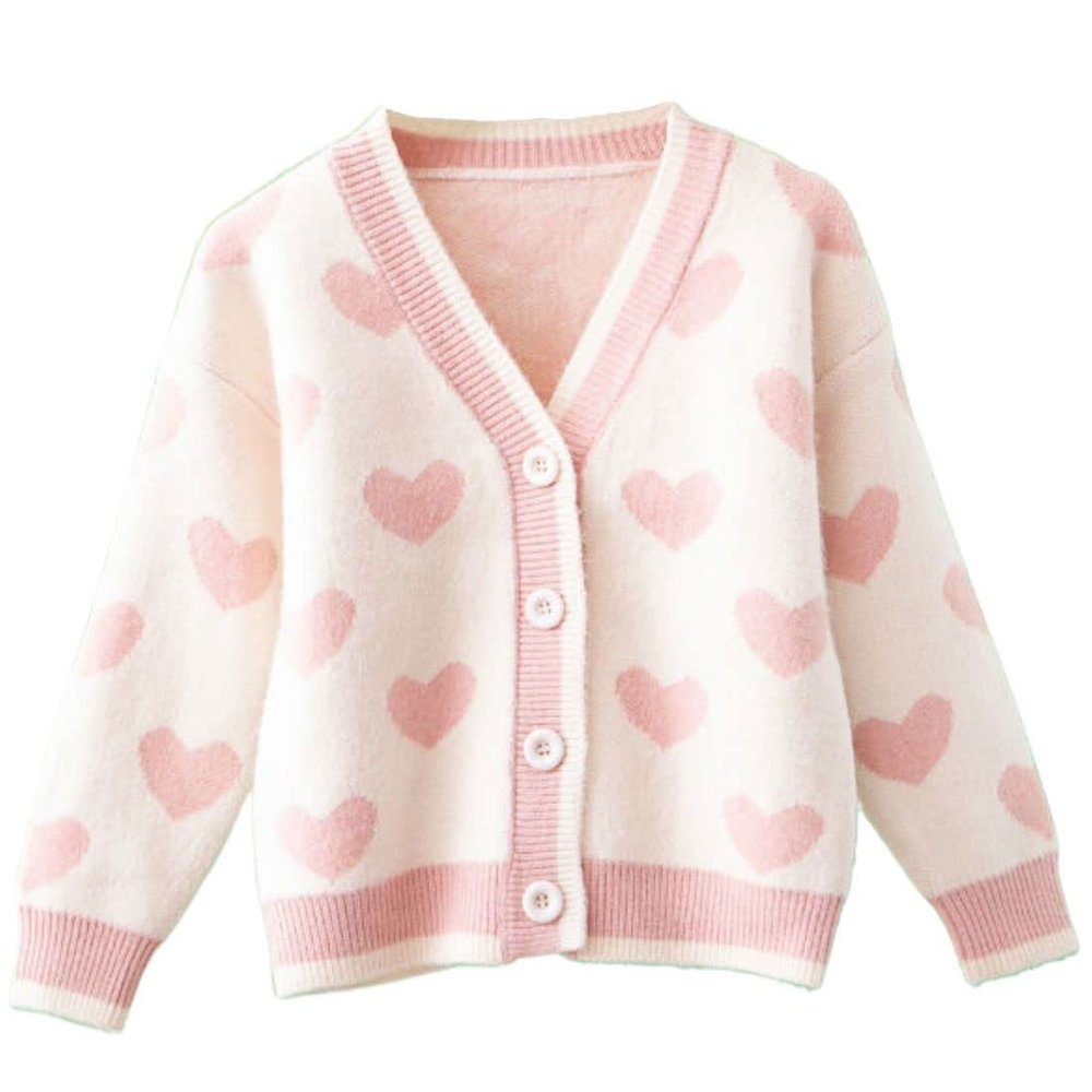 FindThy Girls Heart Print Cute Cardigan Long Sleeve V Neck Brushed Sweater Kawaii Cardigan Coat(0944-White-XXL-LB)