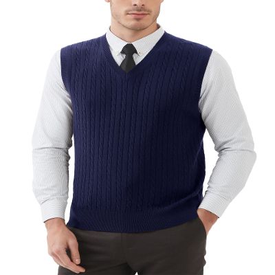 Kallspin Mens Wool Blended Cable Knit Vest Sweater V Neck Relaxed Fit Sleeveless Pullovers (Navy Blue Large)