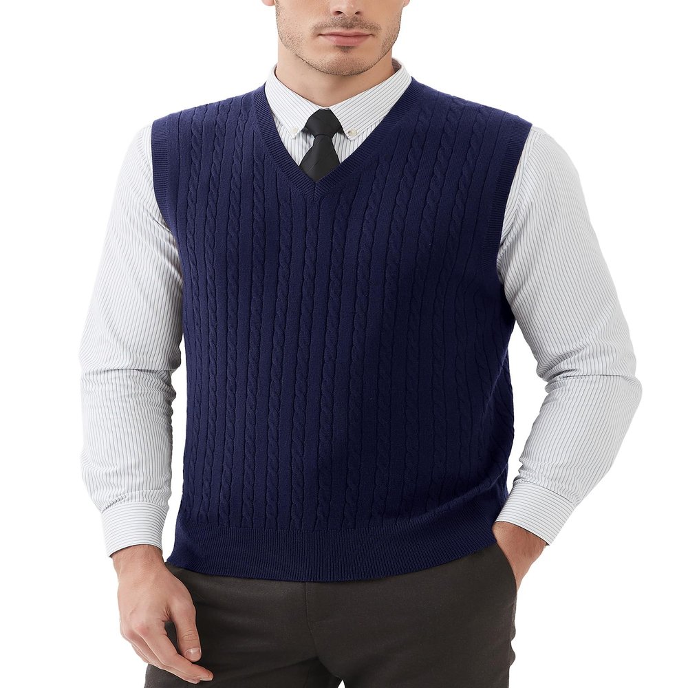 Kallspin Mens Wool Blended Cable Knit Vest Sweater V Neck Relaxed Fit Sleeveless Pullovers (Navy Blue Large)