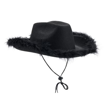 Chloefairy Cowboy Hats for Women,White Pink Cowgirl Hat with Fluffy Feather Trim,Cow Girl Hat Costume Party Play Dress Up (Solid Black)