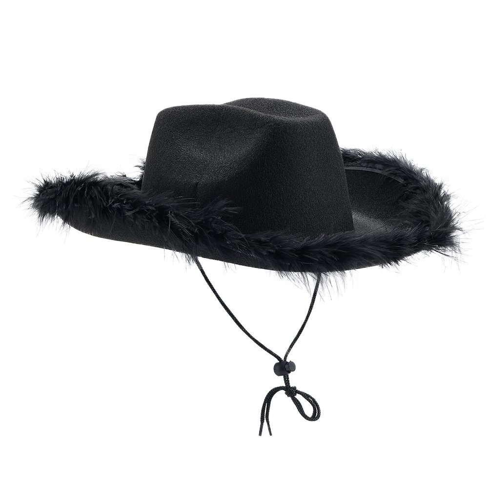 Chloefairy Cowboy Hats for Women,White Pink Cowgirl Hat with Fluffy Feather Trim,Cow Girl Hat Costume Party Play Dress Up (Solid Black)