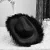 Chloefairy Cowboy Hats for Women,White Pink Cowgirl Hat with Fluffy Feather Trim,Cow Girl Hat Costume Party Play Dress Up (Solid Black) view 3
