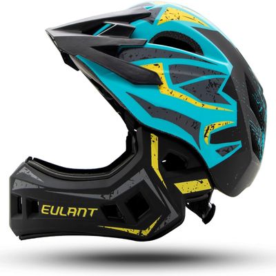 EULANT Childrens Full Face Helmet with Chin Guard, Bicycle Helmet for Girls and Boys Aged 6 Years, Fits Head Size 48-56 cm (Blue and Yellow, Medium=52-56cm/20.5-22inch)