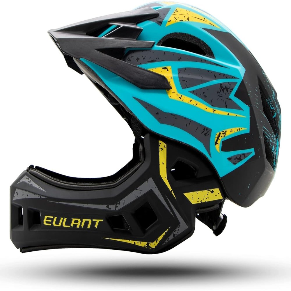 EULANT Childrens Full Face Helmet with Chin Guard, Bicycle Helmet for Girls and Boys Aged 6 Years, Fits Head Size 48-56 cm (Blue and Yellow, Medium=52-56cm/20.5-22inch)