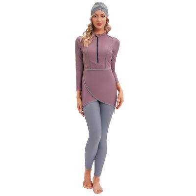 AWIBMK Womens Muslim Swimsuits Long Sleeve Printed Top Swim Pants with Chest Pads Full Coverage Swimwear Modest Islamic Hijab Ladies Beachwear Swimming Burkini Bathing Suit 3PCS Purple Pink Large