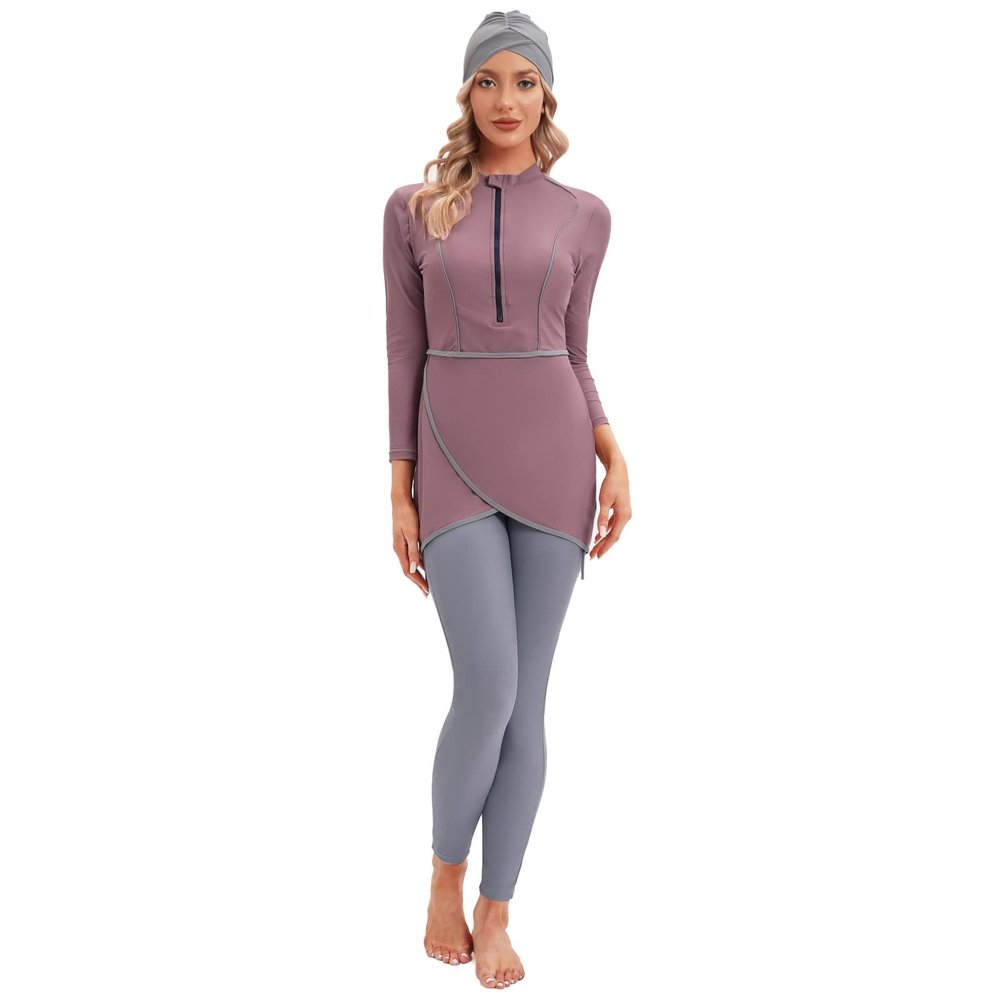 AWIBMK Womens Muslim Swimsuits Long Sleeve Printed Top Swim Pants with Chest Pads Full Coverage Swimwear Modest Islamic Hijab Ladies Beachwear Swimming Burkini Bathing Suit 3PCS Purple Pink Large