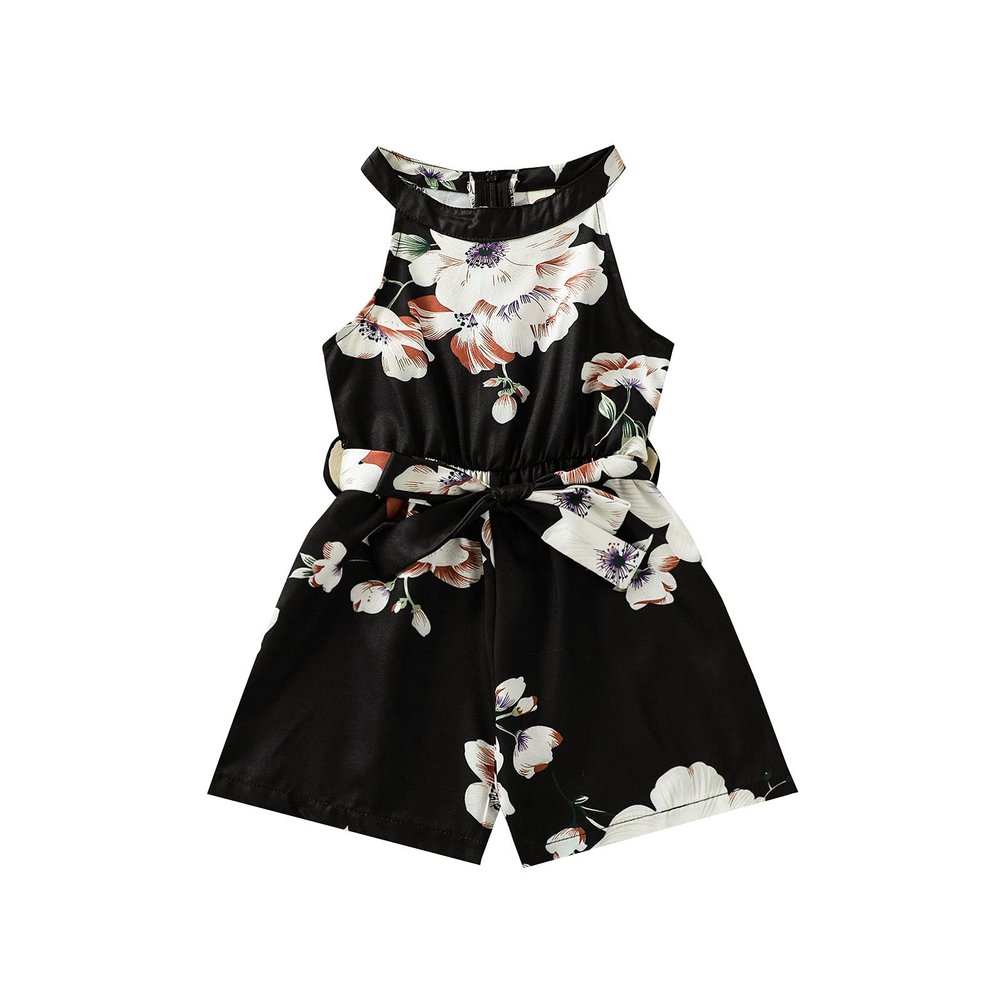 AnFeng Girls Summer Crew Neck Romper Halter Long Pants Jumpsuit Floral Wide Leg Jumpsuit Halter Tie Knot (Black, 3-4 Years)