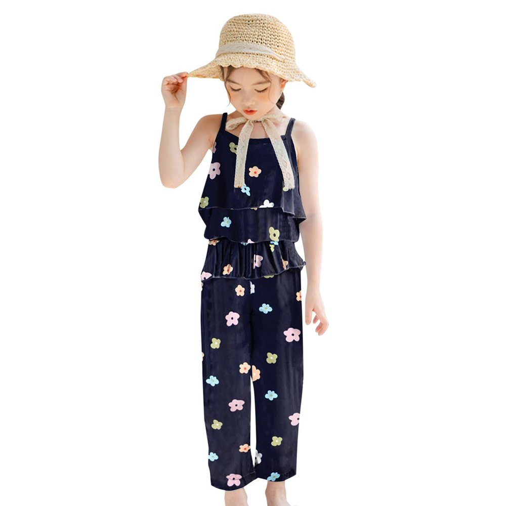 AnFeng Toddler Kids Girls Jumpsuit Floral Playsuit Strap Romper Ruffle Sleeve Button Shorts Overall High (Black, 2-3 Years)