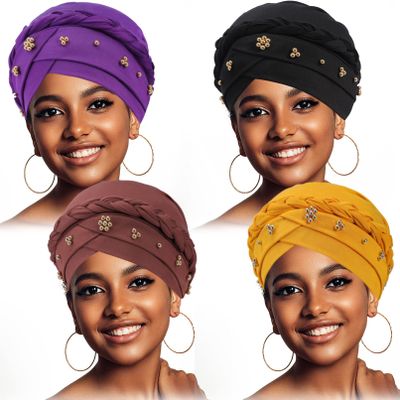 4 Pack Women's Turban Cap, Beaded Headscarf Beanie, African Braid Turban Cap for Women, Twisted Beaded Wrap Hat (Black, Purple, Brown, Yellow)