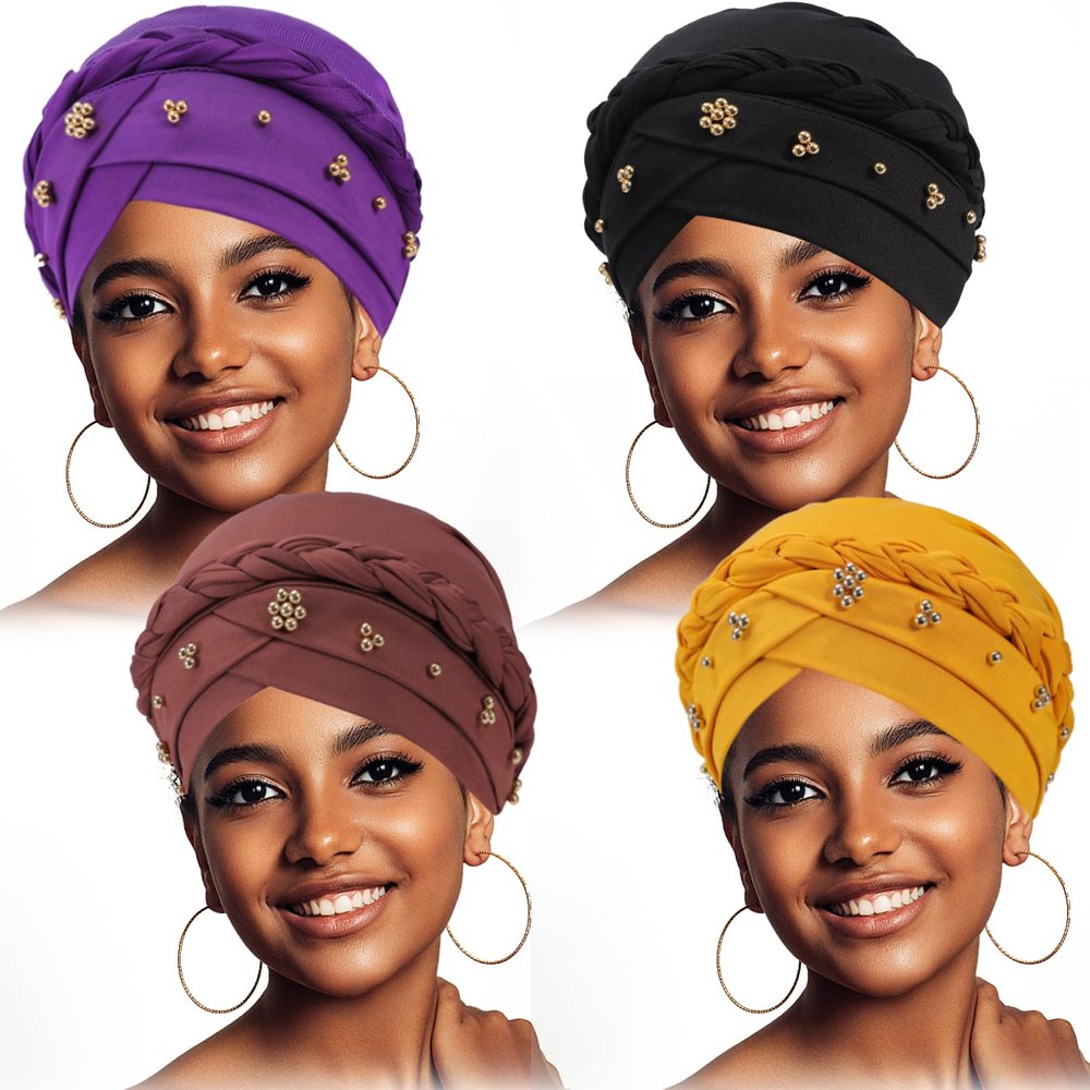 4 Pack Women's Turban Cap, Beaded Headscarf Beanie, African Braid Turban Cap for Women, Twisted Beaded Wrap Hat (Black, Purple, Brown, Yellow)