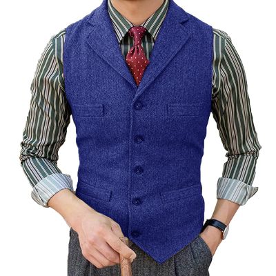 Retro Men's Slim Fit Suit Vests Casual Business Herringbone Tweed Tuxedo Dress Waistcoats for Groomsman Work Prom (Color : Blue, Size : Small)