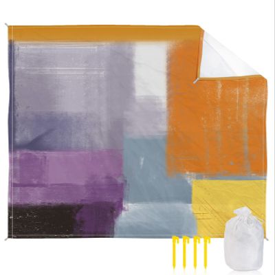 ALAGEO Beach Blanket Orange Purple Gray Abstract Sandproof Waterproof Beach Mat Modern Art Sand Free Mat Quick Drying Beach Essentials for Vacation Lightweight with 4 Stakes & Corner Pockets 108"x84"