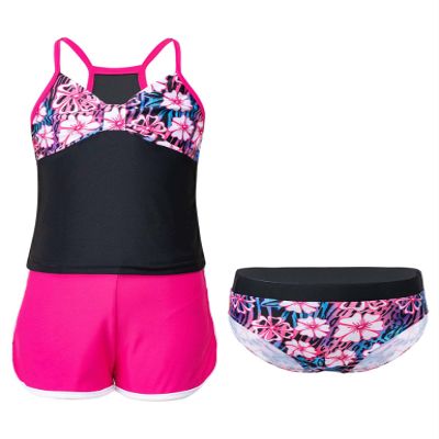 Moggemol Kids Girls 3 Piece Tankini Swimsuit Floral Print Top with Boyshorts Bottoms Bathing Suit Swimwear Flower 6 Years