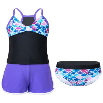 Moggemol Kids Girls 3 Piece Tankini Swimsuit Floral Print Top with Boyshorts Bottoms Bathing Suit Swimwear Fish Scales 14 Years