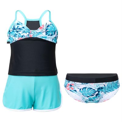 Moggemol Kids Girls 3 Piece Tankini Swimsuit Floral Print Top with Boyshorts Bottoms Bathing Suit Swimwear Palm Leaf 8 Years