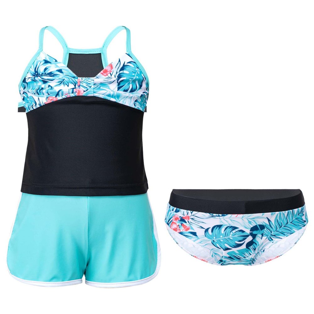 Moggemol Kids Girls 3 Piece Tankini Swimsuit Floral Print Top with Boyshorts Bottoms Bathing Suit Swimwear Palm Leaf 8 Years