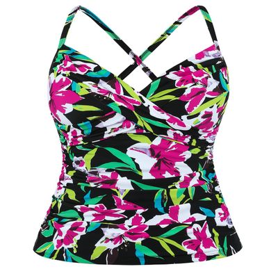 coastal rose Womens Tummy Control Tankini Top Front Twist V Neck Swim Top Ruched Underwire Swimsuit Tops US8 Black&Pink Flowers
