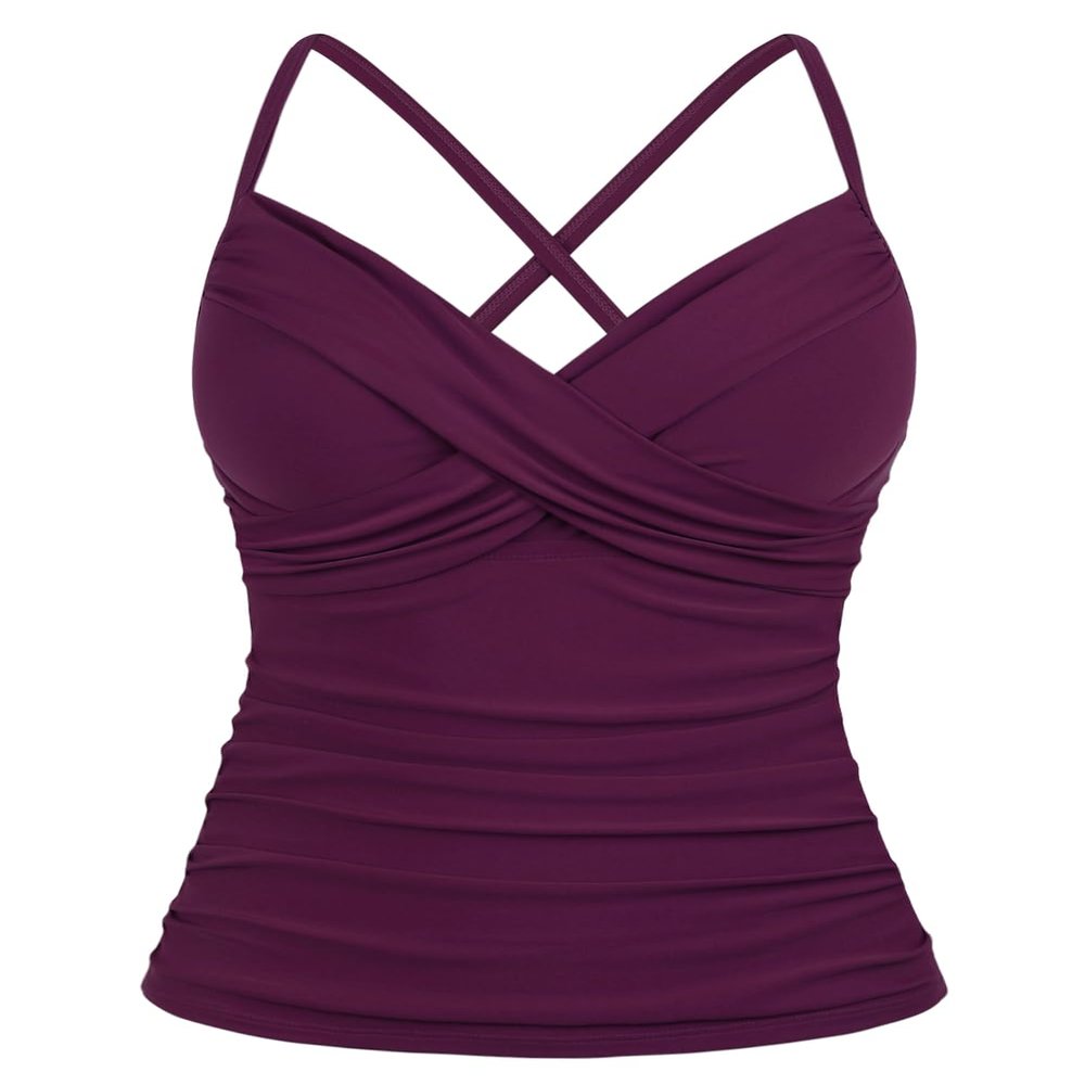 coastal rose Womens Underwire Tankini Tops Front Twist V Neck Swim Top Ruched Tummy Control Swimsuit Tops US8 Wine Red