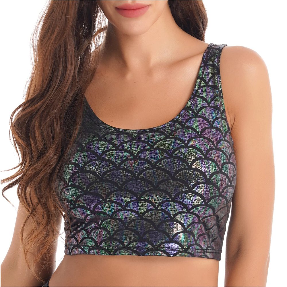 Hedmy Women Rave Festival Shiny Holographic Mermaid Scale Tank Top Gym Fitness Sports Crop Top Gray One Size