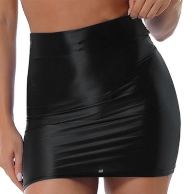 Manyakai Women Glossy Elastic Waistband Pencil Skirts Athletic Workout Casual A-line High Waist Miniskirts Black Large
