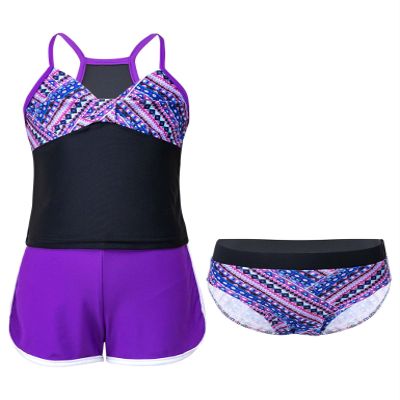 Moggemol Kids Girls 3 Piece Tankini Swimsuit Floral Print Top with Boyshorts Bottoms Bathing Suit Swimwear Ethnic Pattern 4 Years