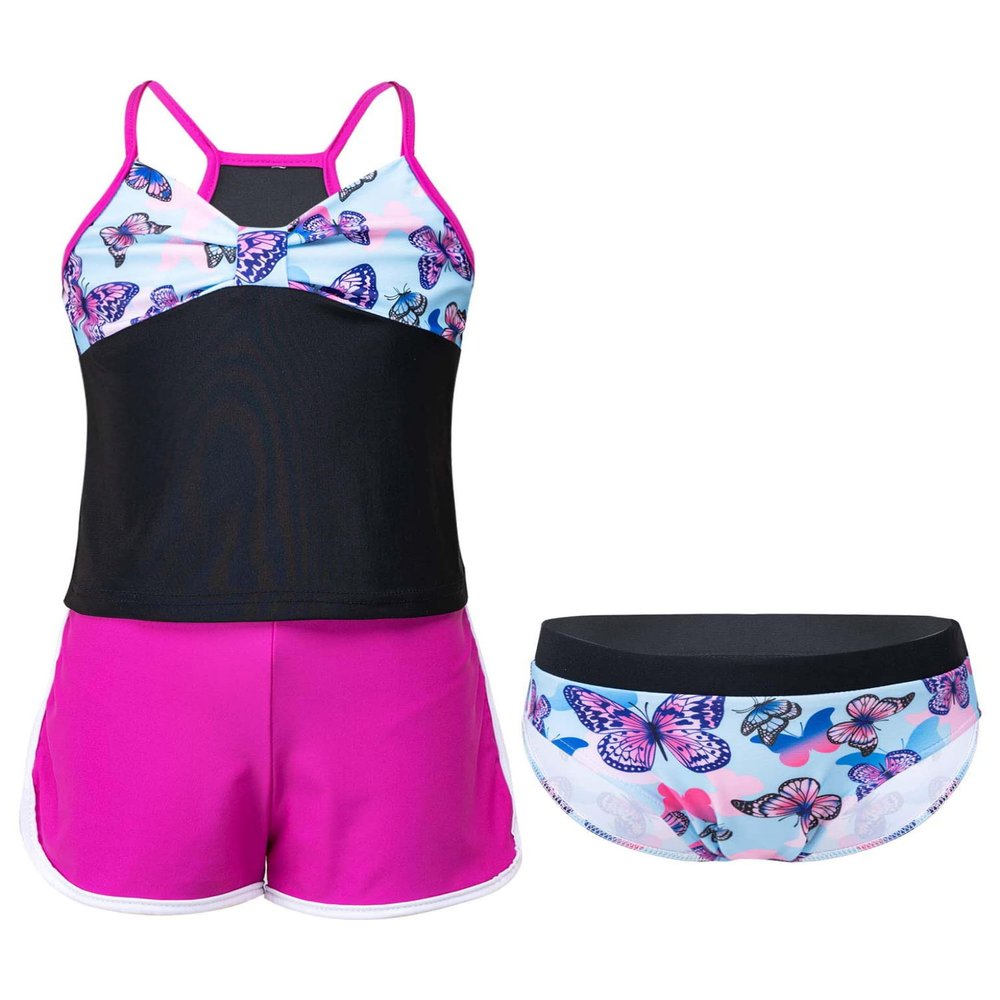 Moggemol Kids Girls 3 Piece Tankini Swimsuit Floral Print Top with Boyshorts Bottoms Bathing Suit Swimwear Butterfly 8 Years