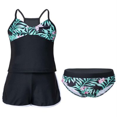 Moggemol Kids Girls 3 Piece Tankini Swimsuit Floral Print Top with Boyshorts Bottoms Bathing Suit Swimwear Black,Lily 8 Years