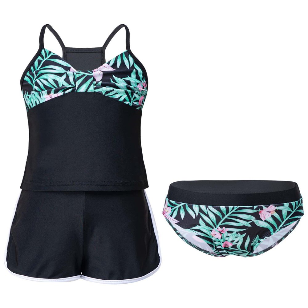 Moggemol Kids Girls 3 Piece Tankini Swimsuit Floral Print Top with Boyshorts Bottoms Bathing Suit Swimwear Black,Lily 8 Years