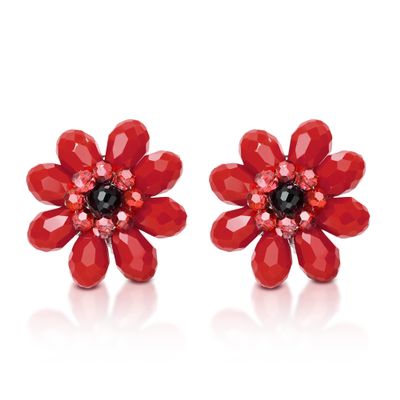 AeraVida Colorful Tropical Garden Vibrant Red Crystal Flower Beaded Clip-On Earrings | Handcrafted Non-Pierced Jewelry for Women | Bright Floral Clip-On Statement Earrings
