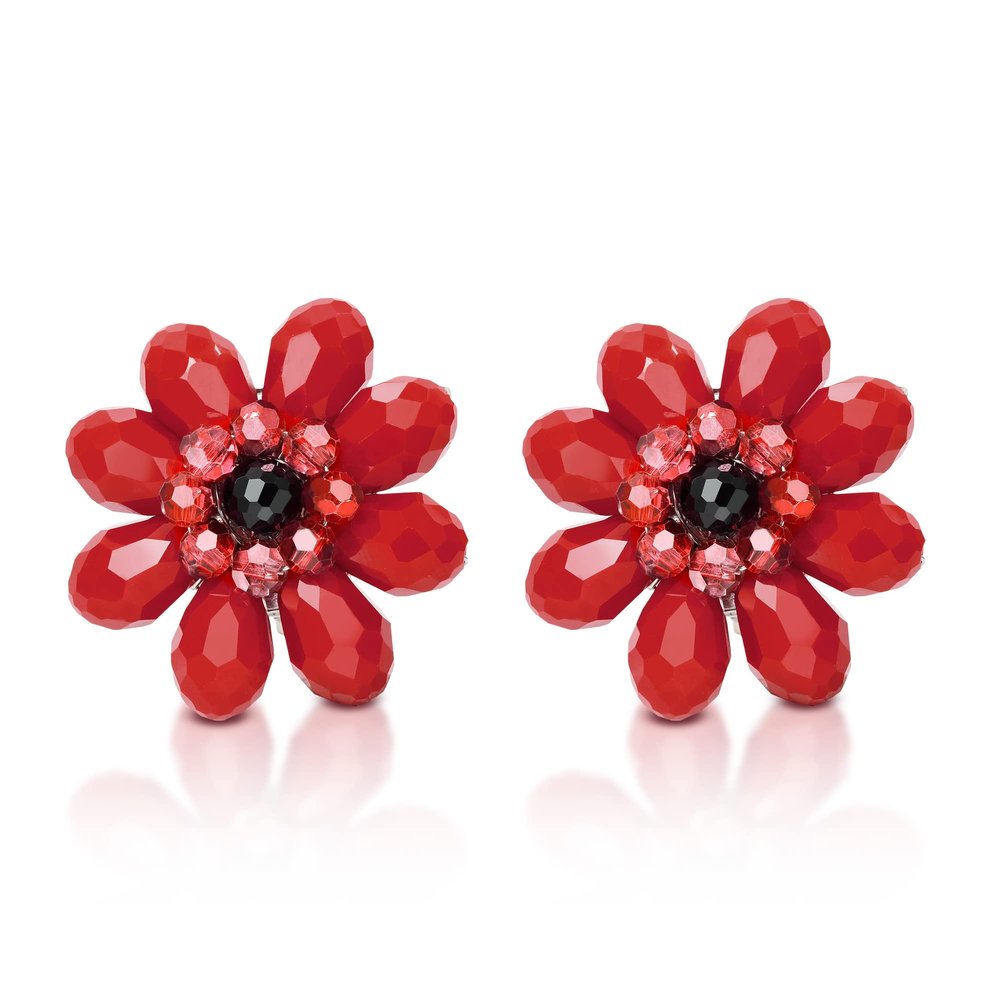 AeraVida Colorful Tropical Garden Vibrant Red Crystal Flower Beaded Clip-On Earrings | Handcrafted Non-Pierced Jewelry for Women | Bright Floral Clip-On Statement Earrings
