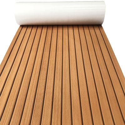 KXKZREN Boat Flooring EVA Foam Decking Sheet Faux Teak Marine Mat Non-Slip Boat Carpet Self-Adhesive Flooring for Jon Boats Motorboat RV Yacht Kayak Swim Platform 44 x 94.5 inch,28.93 sq.ft