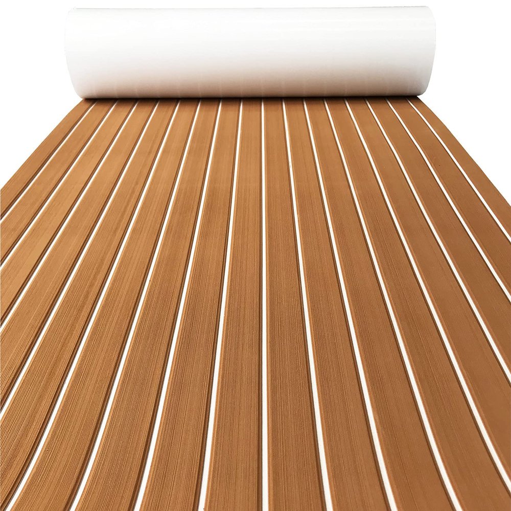 KXKZREN Boat Flooring EVA Foam Decking Sheet Faux Teak Marine Mat Non-Slip Boat Carpet Self-Adhesive Flooring for Jon Boats Motorboat RV Yacht Kayak Swim Platform 44 x 94.5 inch,28.93 sq.ft