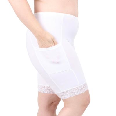 Undersummers Shortlette Slip Shorts, Thigh Anti Chafing Shorts Women, Underwear with Leg Pockets and Leg Lace, 9 (3X, White)