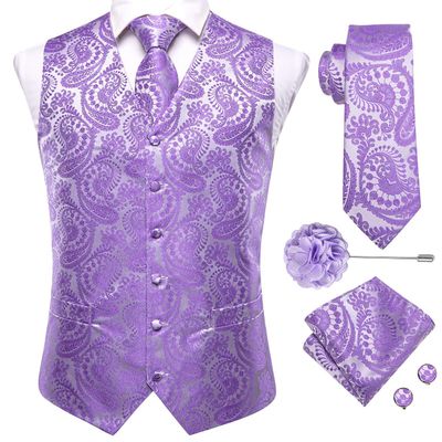 Hi-Tie Men's Paisley Lilac Silk Vest Waistcoat with Necktie Pocket Square Cufflinks Lapel Pin Formal Wedding Tuxedo