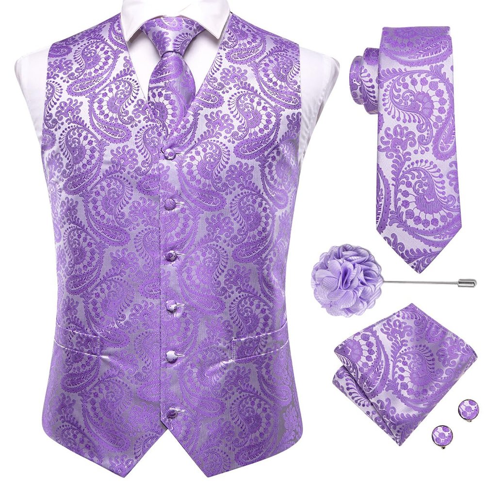 Hi-Tie Men's Paisley Lilac Silk Vest Waistcoat with Necktie Pocket Square Cufflinks Lapel Pin Formal Wedding Tuxedo