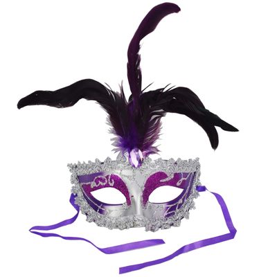 Altatac Carnival Mardis Gras Colorful Costume Mask With Jewel and Colorful Feathers, Purple