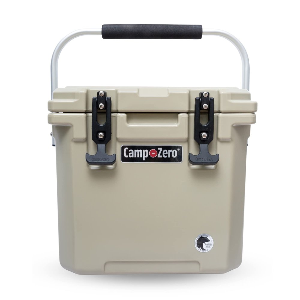 CAMP-ZERO 12 | 12.6 Qt. Premium Cooler with Molded-in Cup Holders and Folding Aluminum Handle (Beige)