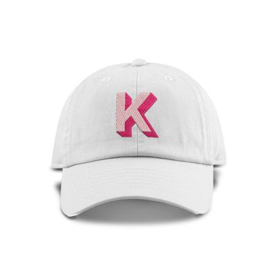 Monogram Initial Modern Shadow Letter Baseball Cap - Toddler, Youth Kids, and Adult Adjustable White Hat with Pink Letter (10+ Adult Size, K)