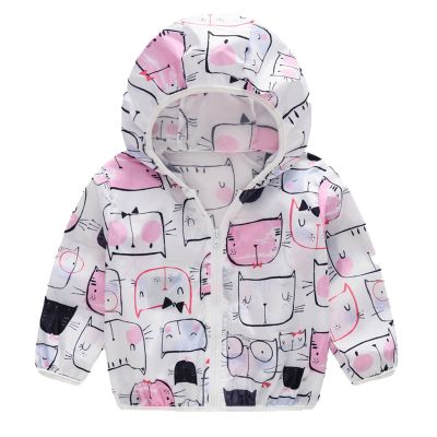 Boy down Jacket Toddler Boys Girls Sunscreen Jackets Printing Cartoon Hooded Outerwear Zipper Coats (White, 18 Months)