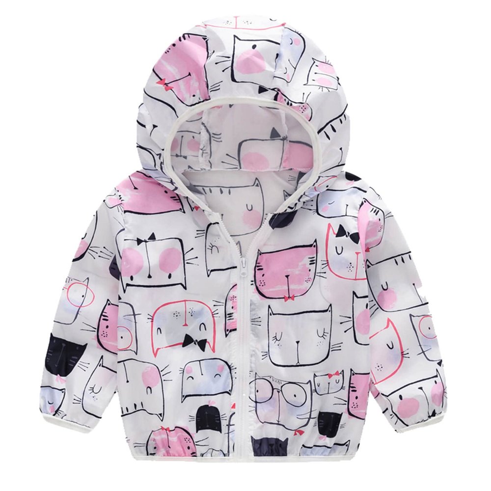 Boy down Jacket Toddler Boys Girls Sunscreen Jackets Printing Cartoon Hooded Outerwear Zipper Coats (White, 18 Months)